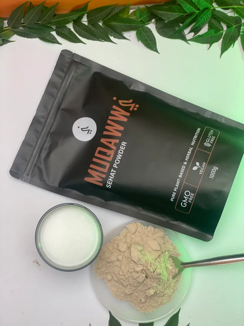 Pouch, bowl of Muqawwi powder and a glass of milk from above